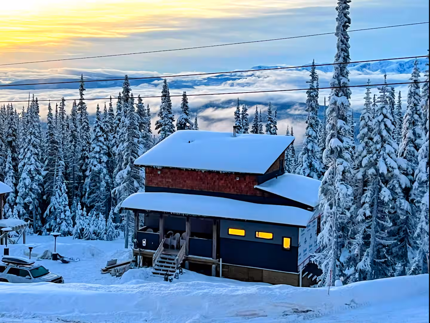 Double Black Retreat cabin in the snow on Hudson Bay Mountain